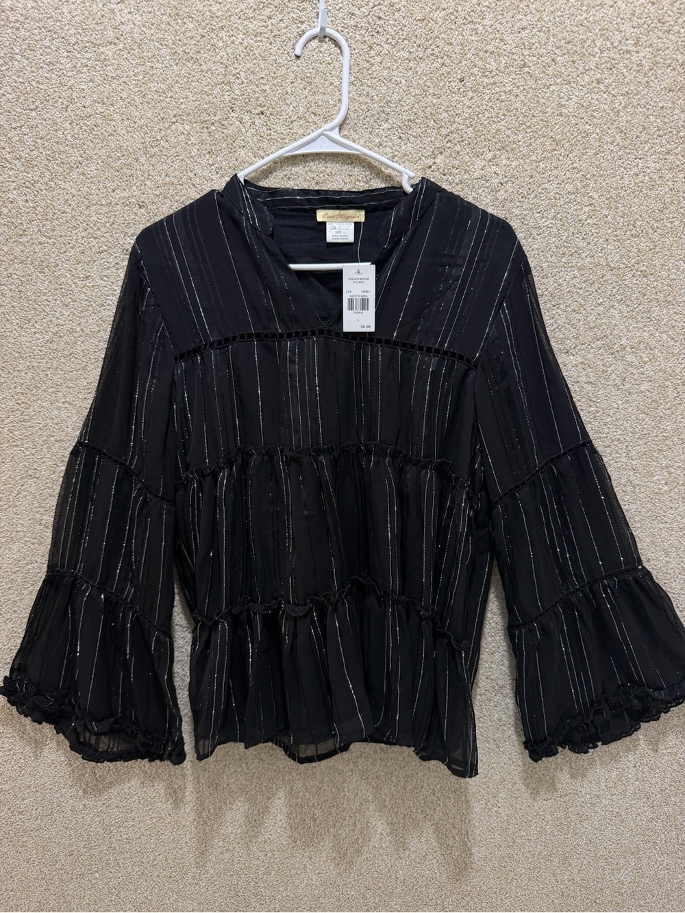 NWT Black bell sleeve top sheer sleeves silver festival glam rock goth Halloween